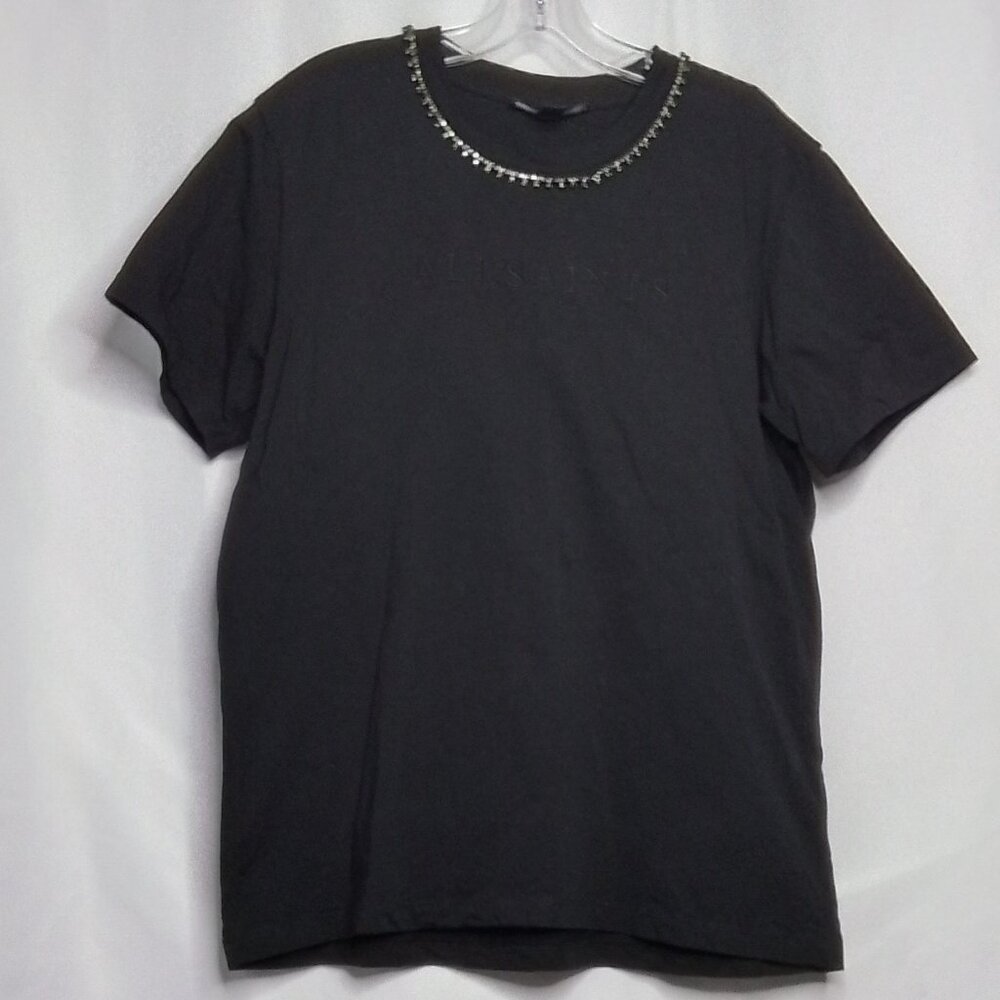 ALL SAINTS CRYSTAL EMBELLISHED MONOCHROME BLACK CREW NECK TSHIRT SIZE M